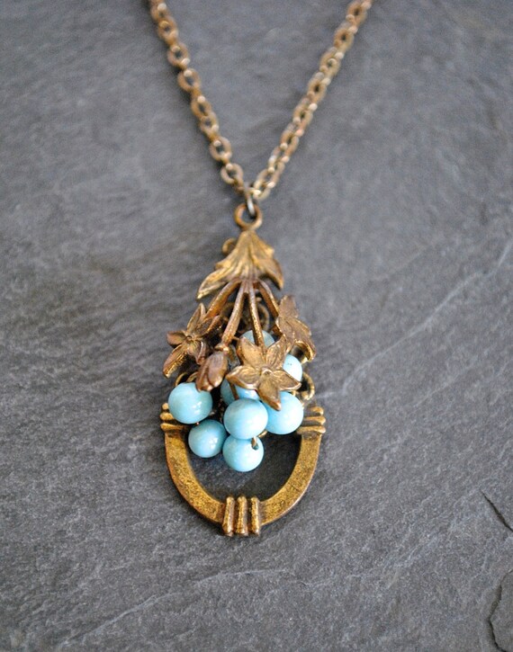 ANTIQUE EDWARDIAN FLOWERS blue beads necklace