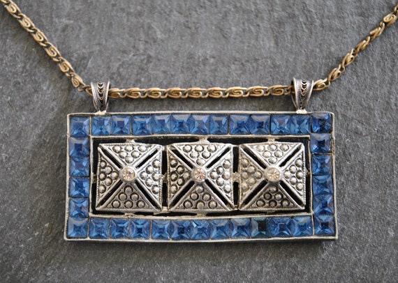 VINTAGE  sterling silver ART DECO blue  crystal n… - image 1