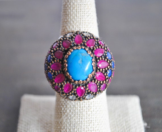 Sterling silver TURQUOISE and RUBY RING - image 1