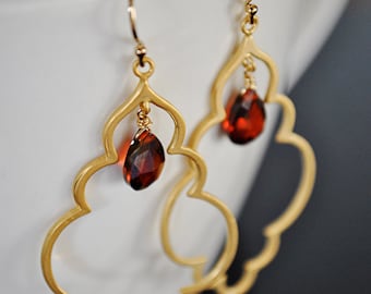 TEARDROP GOLD HOOPS earrings with cubic zirconia .garnet look stone