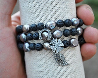 PAVE DIAMONDS BEADED charms  bracelets.feather/cross/horseshoe.