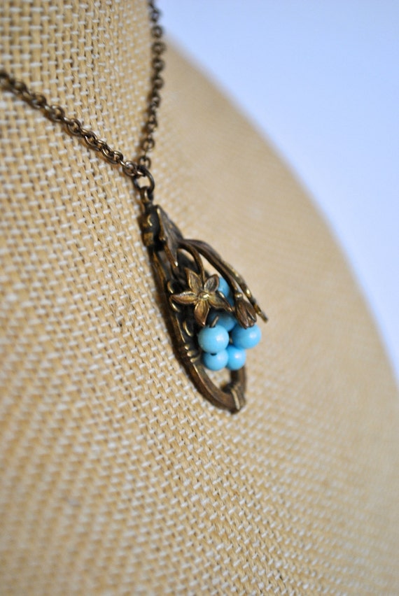 ANTIQUE EDWARDIAN FLOWERS blue beads necklace