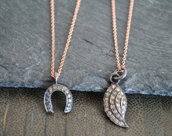 Pave diamond Feather /horseshoe/Maltese cross/rose gold necklace.