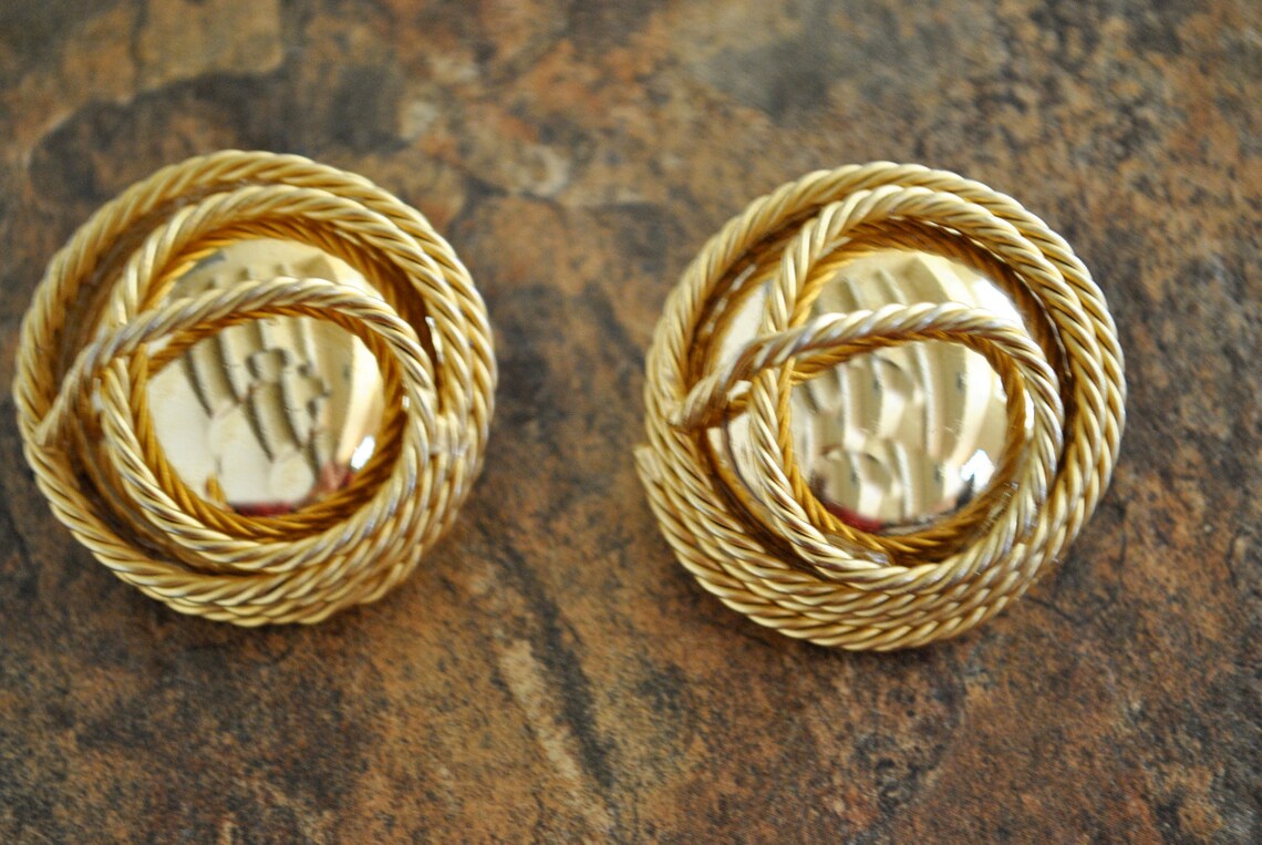 2.75" Clip-On Drop Earrings - Rock Textured Gold Tone Hoops, Vintage Tribal Style-524615