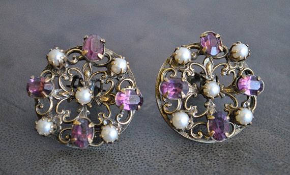 VINTAGE PURPLE and PEARL earrings - image 1