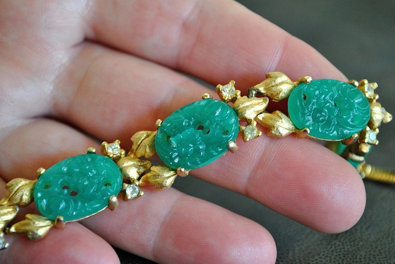 VINTAGE green jade color CARVED gold BRACELET