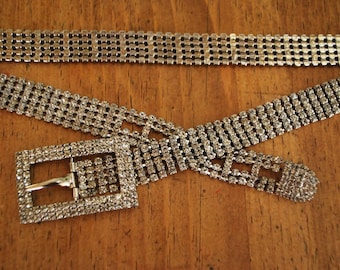 Vintage Rhinestone Belt Clear Stones Gold Tone Mesh Adjustable Dangling Charm Co Amazing WHITING & DAVIS Signed New Old Stock Vintage 1980 main image 4