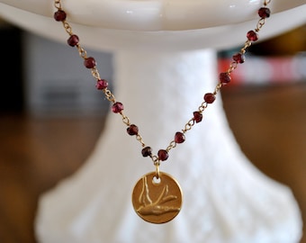 WIRE WRAPPED  gold  Garnet necklace with  bird  charm / great gift/bridesmade necklace/bomemian necklace/bohochic necklace.