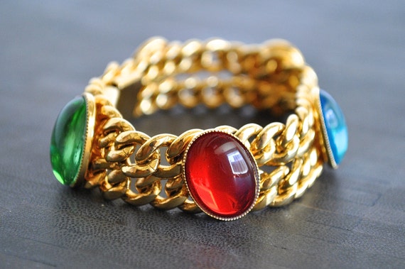 VINTAGE gold massive multicolor CABOCHON BRACELET - image 2