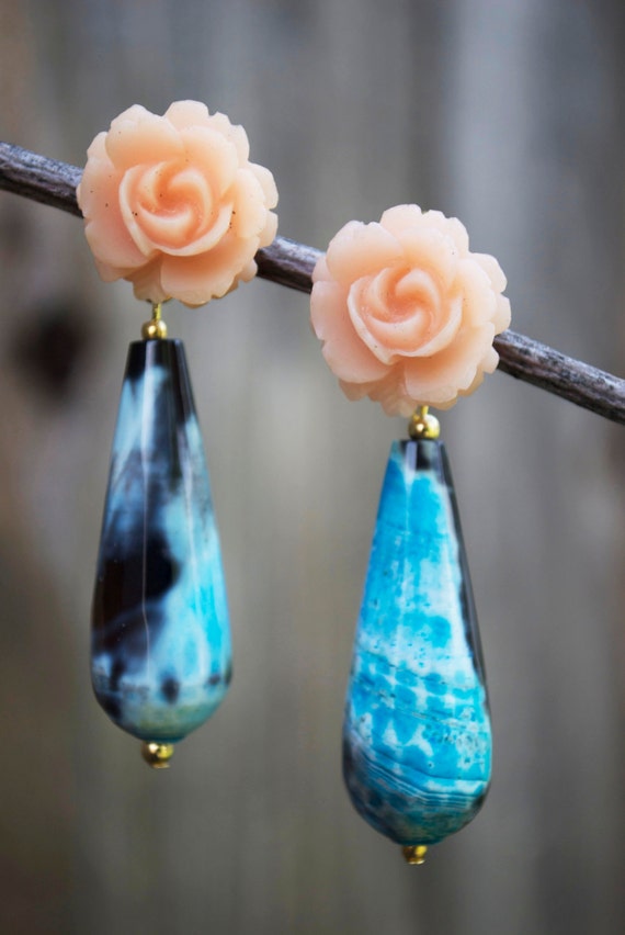 CORAL ROSES  torquoise stone dangling EARRINGS