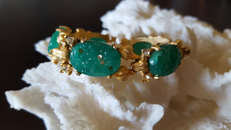 VINTAGE green jade color CARVED gold BRACELET