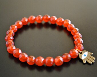 HAMSA STRETCHY BRACELET with carnelian beads