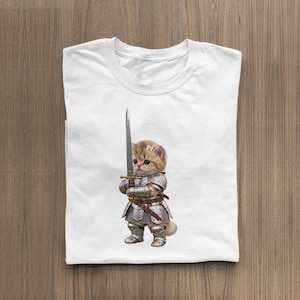 Kitten Knight T-Shirt, Medieval Cat in Armor with Sword and Pink Bow, Meme Kitten T-Shirt, Cat Knight Tee