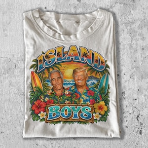 Camiseta Island Boys com meme político engraçado e ofensivo de Trump e Epstein, estilo retrô tropical, para homens.