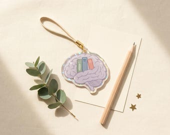 Brain and Books Acrylic Charm, Stay Curious Bag Charm Keychain, Bookish Gift, Lavender Holographic Book Lover Charm UK