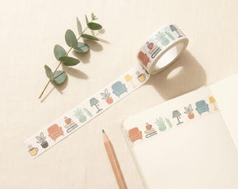 Cozy Library Wide Washi Tape, Reading Room Scene Planner Tape, Bookish Stationery Gift, Sage Coral Cream Journal Tape Roll UK