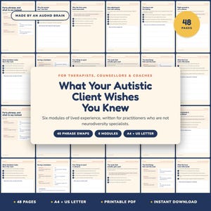 Könnte beinhalten: Ein digitales Arbeitsbuch mit dem Titel What Your Autistic Client Wishes You Knew für Therapeuten und Coaches. Die beigen Seiten enthalten dunkelblauen Text, sechs Module, 48 Seiten, 40 Phrasenaustausche sowie A4- und US-Letter-Formate.