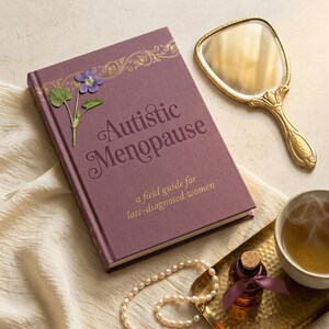 May include: A purple book titled "Autistic Menopause" with gold floral accents and a pressed flower. A gold-framed hand mirror, a pearl necklace, and a small bottle with a cork are also present.