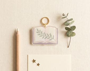 Open Book Mini Acrylic Charm, Bookish Bag Charm Keychain, Botanical Reader Gift, Cream Lavender Sage Eucalyptus Book Charm UK