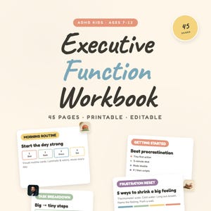 Può includere: Un quaderno di lavoro "Executive Function Workbook" per bambini con ADHD dai 7 ai 12 anni. La copertina presenta il titolo in nero e blu, con "45 PAGES PRINTABLE EDITABLE" sotto. Include schede con suggerimenti per le routine del mattino.