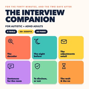 May include: A digital guide titled The Interview Companion for Autistic + ADHD Adults, featuring 8 tools, 30+ scripts, and 40 pages. It includes six colored squares with icons and labels: The decoder, The night before, The adjustments email, Sentences for the room, To disclose, or not, and The wait & the no.
