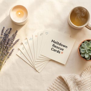 May include: A top-down view of a serene scene featuring a lit candle, a cup of tea, and a small potted succulent. A bundle of lavender and a stack of cards with the text "Meltdown Rescue Cards" are also present. The cards have small icons.