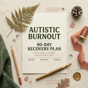May include: A beige paper with the words "AUTISTIC BURNOUT 90-DAY RECOVERY PLAN" and "a three-phase protocol for nervous-system repair". The image includes a pencil, a pen, a fern, a pinecone, and a spool of ribbon.
