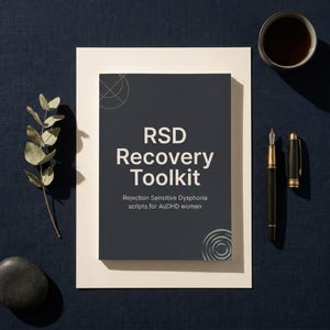May include: A dark navy blue book titled "RSD Recovery Toolkit" with white text and gold geometric designs. The book is on a white surface, next to a black pen, a cup of tea, and a sprig of greenery.
