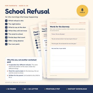May include: A digital printable resource titled School Refusal for parents of children ages 5-16. The document includes 8 tools, 34 pages in A4 and US Letter sizes, featuring scripts for the doorway, email templates, and strategies for school avoidance.
