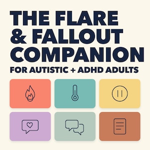 May include: A graphic with the text THE FLARE & FALLOUT COMPANION FOR AUTISTIC + ADHD ADULTS. Below are six colored rectangles with dark blue line icons: a flame, a thermometer, a pause symbol, a speech bubble with a heart, two speech bubbles, and a document.