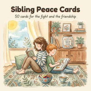 Könnte beinhalten: Aquarellillustration von zwei Kindern, die Bücher lesen, mit dem Text "Sibling Peace Cards" und "50 Karten für den Streit und die Freundschaft". Ein Glas mit der Aufschrift "Sibling Peace Cards" steht auf einem Regal.