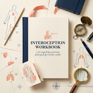 May include: A cream-colored "Interoception Workbook" with navy blue spine, a compass, and a magnifying glass. The workbook has the text "Interoception Workbook" and "a 40-page body awareness field guide for autistic adults". The image also includes anatomical drawings.