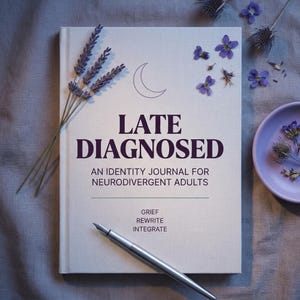Puede incluir: Un diario titulado "LATE DIAGNOSED" con el subtítulo "AN IDENTITY JOURNAL FOR NEURODIVERGENT ADULTS". La portada es blanquecina con texto morado oscuro y una ilustración de media luna. Una pluma plateada, ramitas de lavanda y flores moradas están dispuestas alrededor del diario.