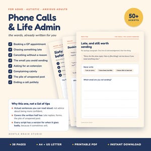 ADHD-telefonsamtalskript och livsadministrationskit | 38 sidor utskrivbara, 50+ ordagrant skript, telefonångest, e-postmeddelanden, autistiska vuxna