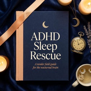 Könnte beinhalten: Ein marineblaues Buch mit dem Titel "ADHD Sleep Rescue" mit goldfarbenen Buchstaben und einem Mondsymbol. Das Bild zeigt eine Taschenuhr, eine Mondkette, Kerzen und eine Tasse Kamillentee, alles auf einem dunkelblauen Samttuch.