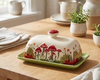 Mantequera de cerámica con forma de seta y tapa, decoración de cocina estilo cottagecore