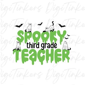 Diseño de camiseta de Halloween para maestra de tercer grado, gatos espeluznantes (SVG, PNG, JPEG)