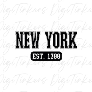 May include: Black and white graphic design with the text "NEW YORK" in a bold, blocky font. Below the text is a white rectangle with the text "EST. 1788" in black.