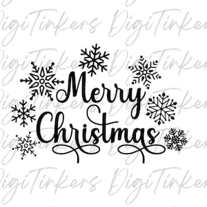 Merry Christmas Decorative Writing, Snowflakes Xmas T shirt Gift, Holiday Card, Design For Crafting Cricut, Digital Download: SVG, PNG, JPEG