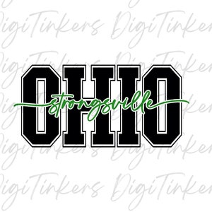 May include: Black and white graphic of the word "OHIO" with a green cursive script that says "strongsville" underneath.