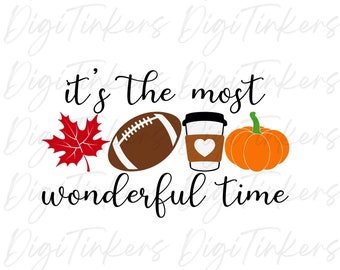 May include: It's the most wonderful time graphic with a red maple leaf, a brown football, a brown coffee cup with a white heart, and an orange pumpkin.