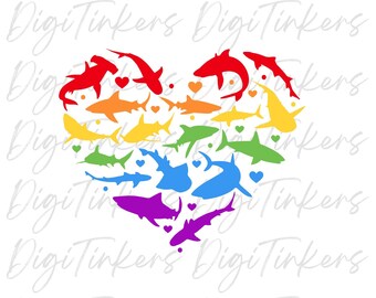 Corazón de tiburón arcoíris SVG, imágenes prediseñadas de San Valentín (descarga digital)
