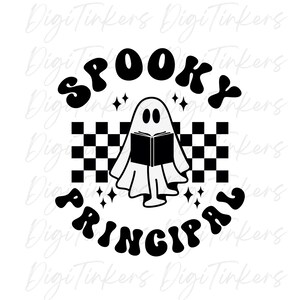 Koszulka z okazji Halloween Spooky Principal, prezent dla administratora, książka o duchach w stylu retro, projekt cyfrowy do tworzenia Cricut, natychmiastowe pobieranie cyfrowe: SVG, PNG, JPEG