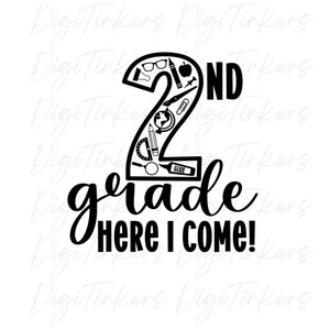 2e leerjaar Here I Come, ontwerp voor crafting, Cricut, silhouet, sublimatie, afdrukken en knippen, illustraties, directe digitale download: SVG, PNG, JPEG