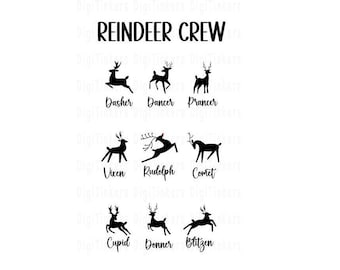 May include: Black silhouette illustrations of reindeer with their names below each one. The names are Dasher, Dancer, Prancer, Vixen, Rudolph, Comet, Cupid, Donner, and Blitzen. The text at the top of the image reads "Reindeer Crew".