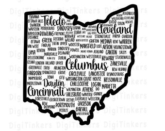 Mapa de ciudades del estado de Ohio para manualidades, Cricut, Silhouette, sublimación, impresión y corte, imágenes prediseñadas, descarga digital instantánea: SVG, PNG, JPEG