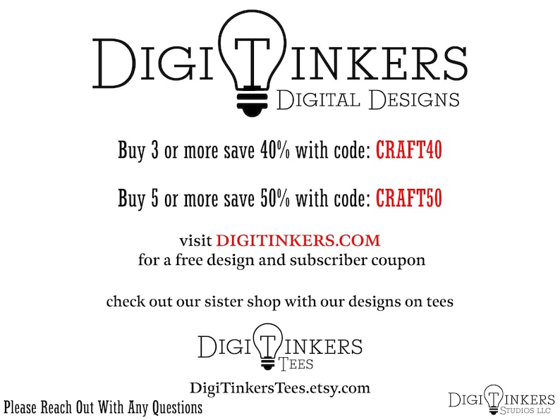 Puede incluir: Un fondo blanco presenta el logotipo de DigiTinkers, una bombilla con la letra "T" en su interior. El texto promociona ahorros con los c&oacute;digos CRAFT40 y CRAFT50. Tambi&eacute;n se muestra el sitio web DIGITINKERS.COM, junto con un enlace a una tienda hermana.