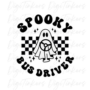 May include: Black and white illustration of a ghost driving a bus with the text "Spooky Bus Driver" in a retro font.