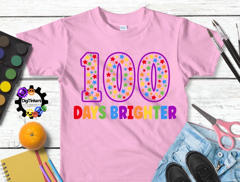 Digital design for crafting svg file for cricut silhouette clip art sublimation. 100 days of school design with a large purple outline 100 with rainbow stars speckled inside. Underneath it says days brighter in all rainbow capital letters.