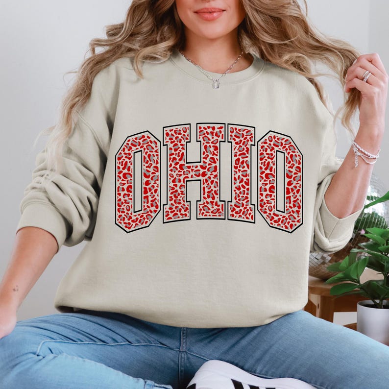 Puede incluir: Sudadera beige con la palabra "OHIO" en letras grandes y audaces en la parte delantera. Las letras est&aacute;n delineadas en negro y rellenas con un dise&ntilde;o de estampado de leopardo rojo y gris. La sudadera tiene mangas largas y cuello redondo.
